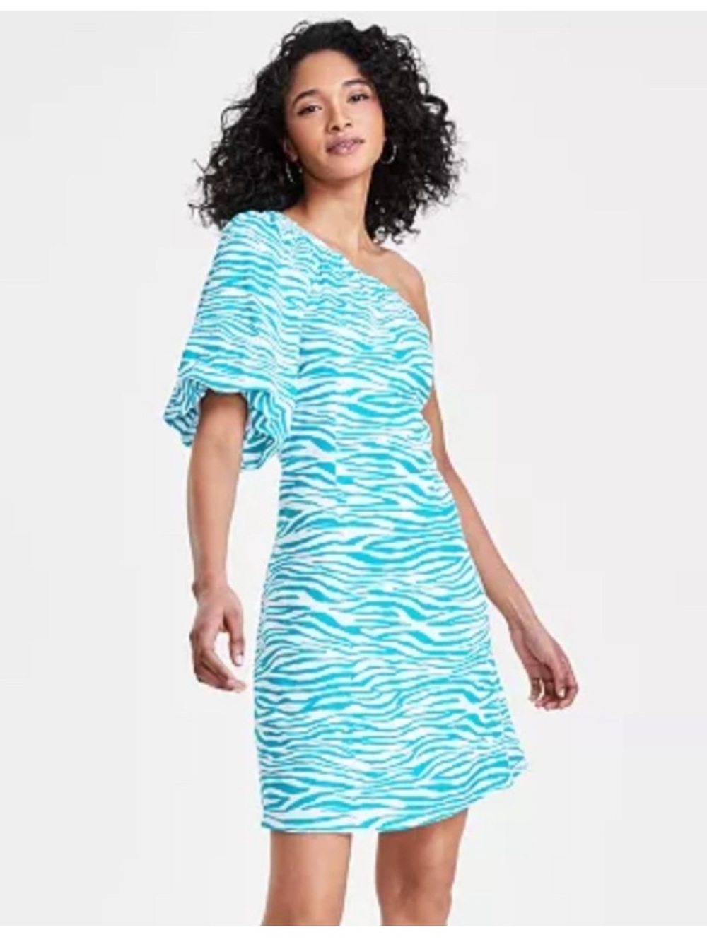 Bar III One-Shoulder Blue Zebra Print Dress NEW